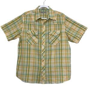 Eighth Avenue Western Shirt Men M Snap Button 100% Cotton Plaid Yellow Green